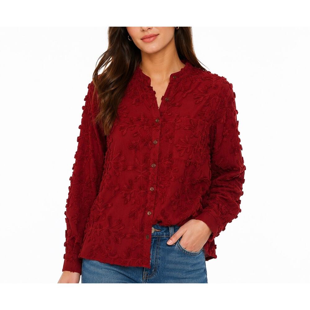 Anthropologie Pilcro Whitney Textured Button Blouse Red Floral Appliqué Size M
